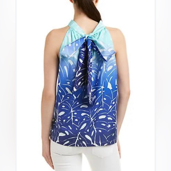 Vineyard Vines Aqua Blue white printed cotton-silk tie halter top size 2 - Picture 2 of 10